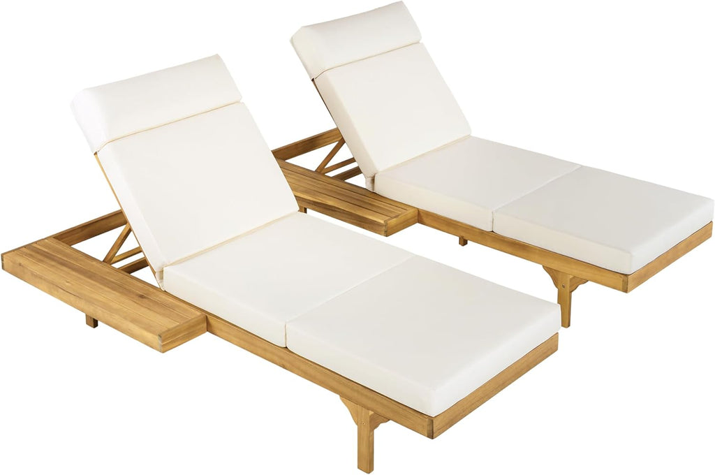 Acacia Wood Chaise Lounge Chair Set of 2, Double/Single Outdoor Sunbathing Pool Lounger with 4'' Four-Folds Cushion