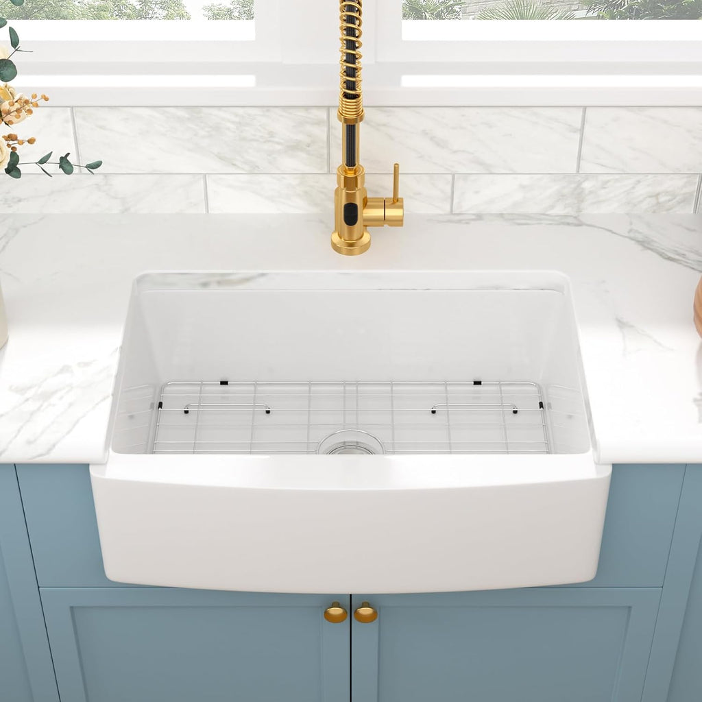 33 White Farmhouse Sink - 33 Inch White Kitchen Sink Curved Apron Front Ceramic Porcelain Fireclay Single Bowl Farm