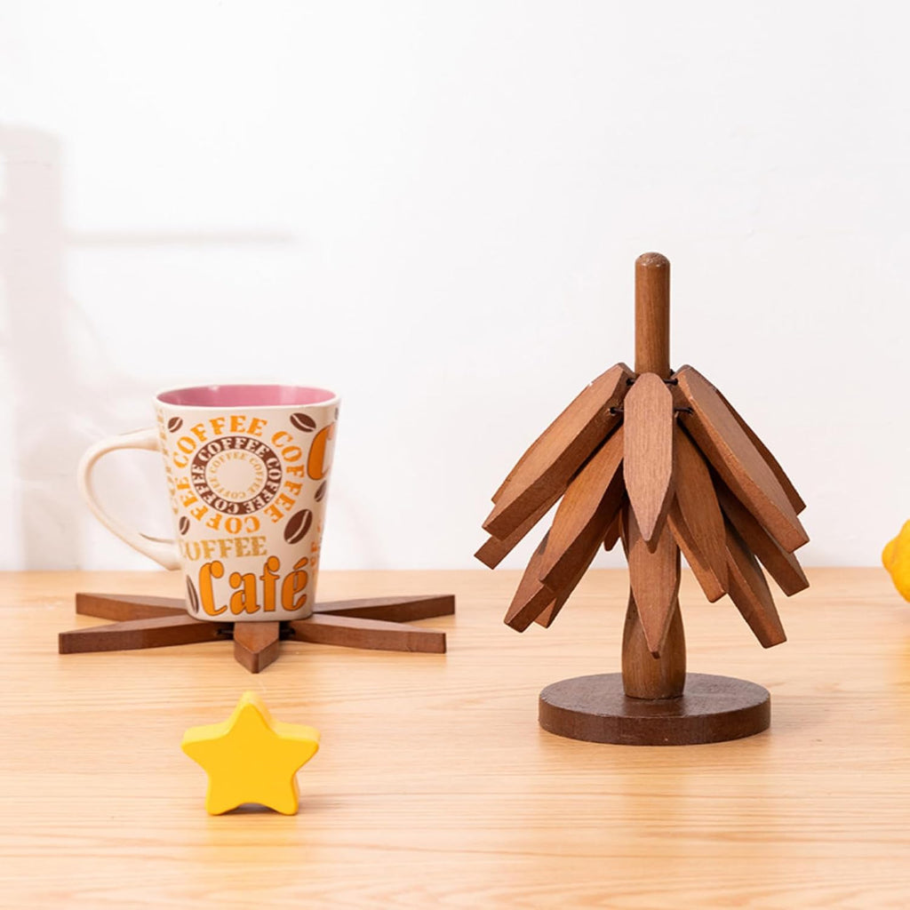 Trivets for Hot Dishes, Upgraded Foldable Wooden Coaster Set Walnut Wood Christmas Tree Trivet Stand Home Decoration