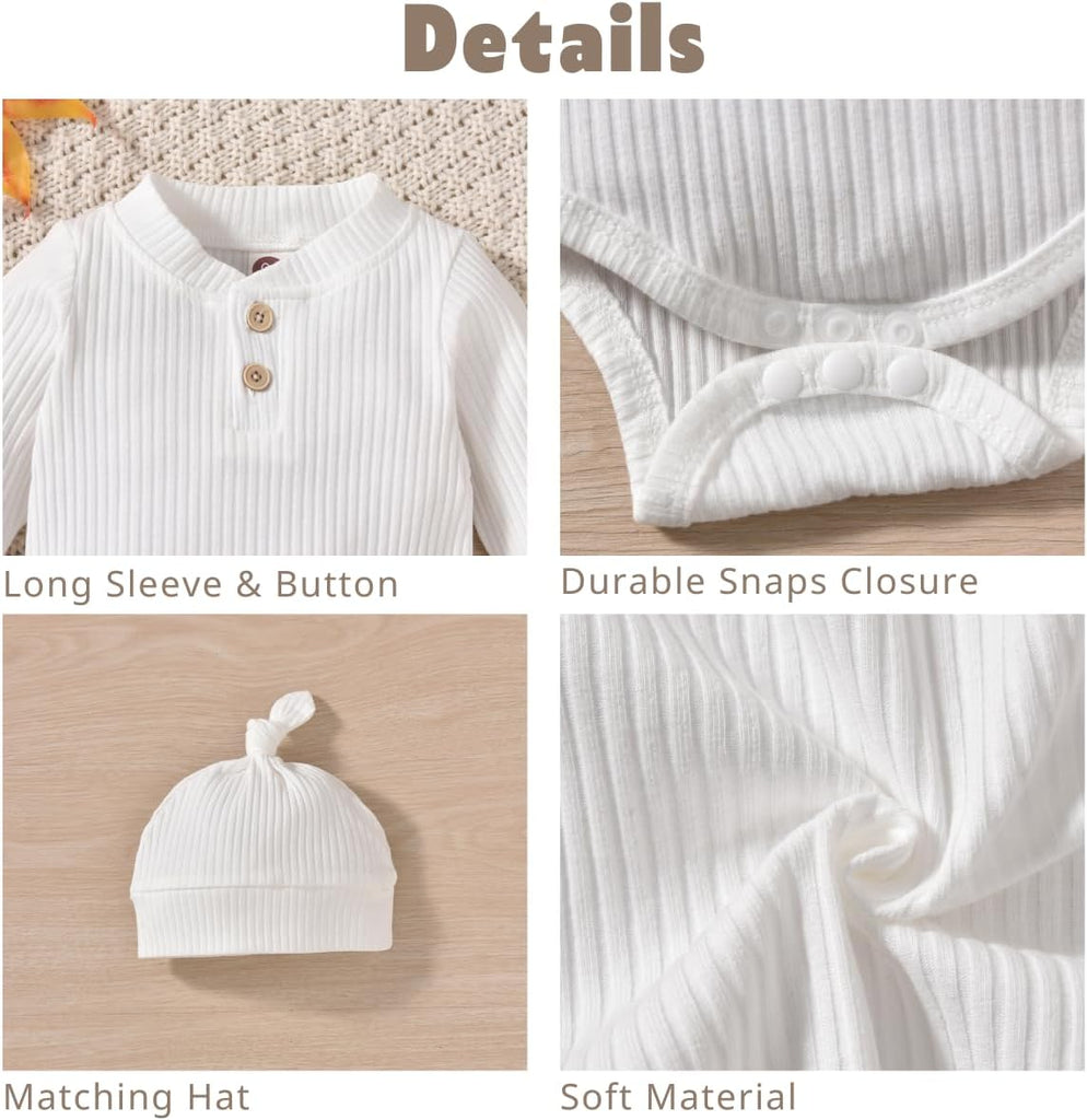 Gender Neutral Long Sleeve Baby Ribbed Outfit with Hat & Headband