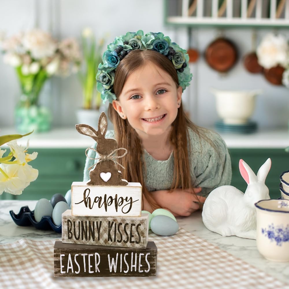 Easter Tabletop Decorations Bunny Wooden Block Signs Gift Rustic Tiered Tray Decor Happy Easter Centerpiece - Set of 4