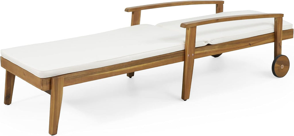 Acacia Wood Outdoor Chaise Lounge, Adjustable Reclining Patio Chair with Cushions, Modern Thin Slat Design, Durable