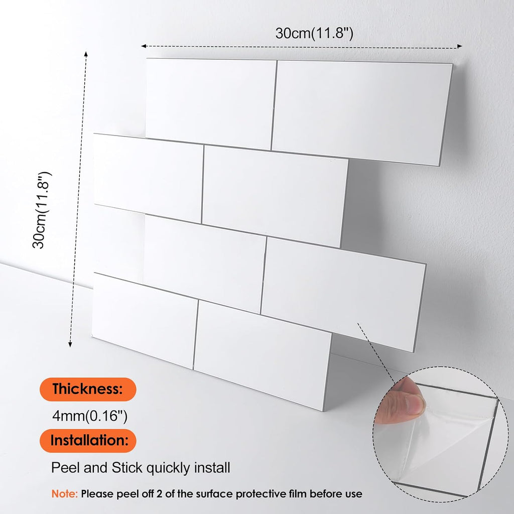 10- Sheet Polished White Peel and Stick Backsplash, 12''Luxury PVC Ceramic Look Self Stick Subway , Waterproof Peel