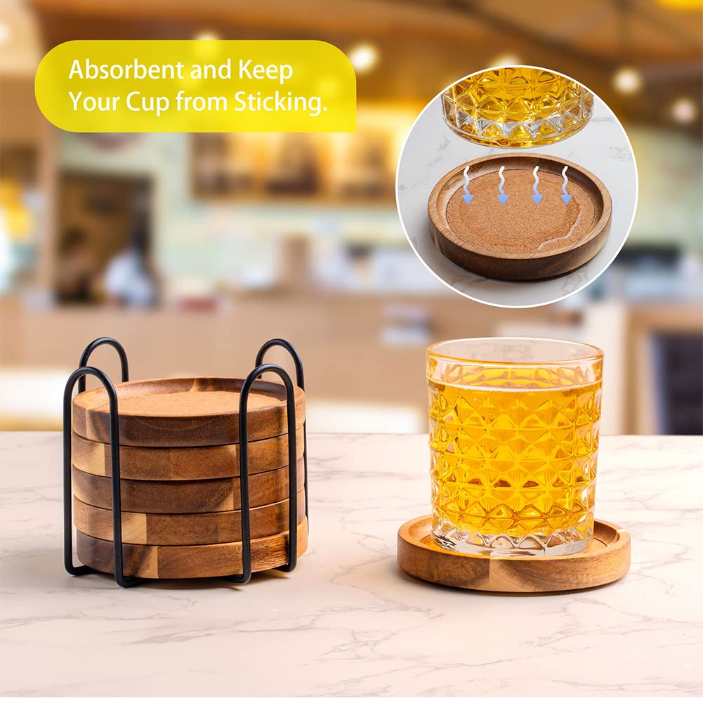 Coasters for Drinks Absorbent with Holder, Acacia Wood Cork Coaster for Coffee Table Wooden Table Coaster for
