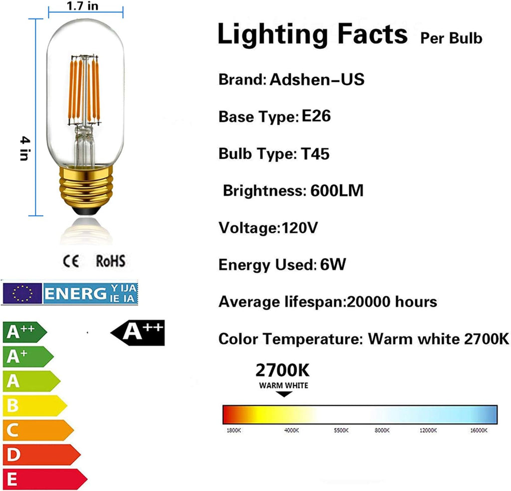 Dimmable Tubular led Bulb T45/T14, Warm White 2700k,60W Equivalent,Vintage Edison Style LED Filament Light Bulbs, E26