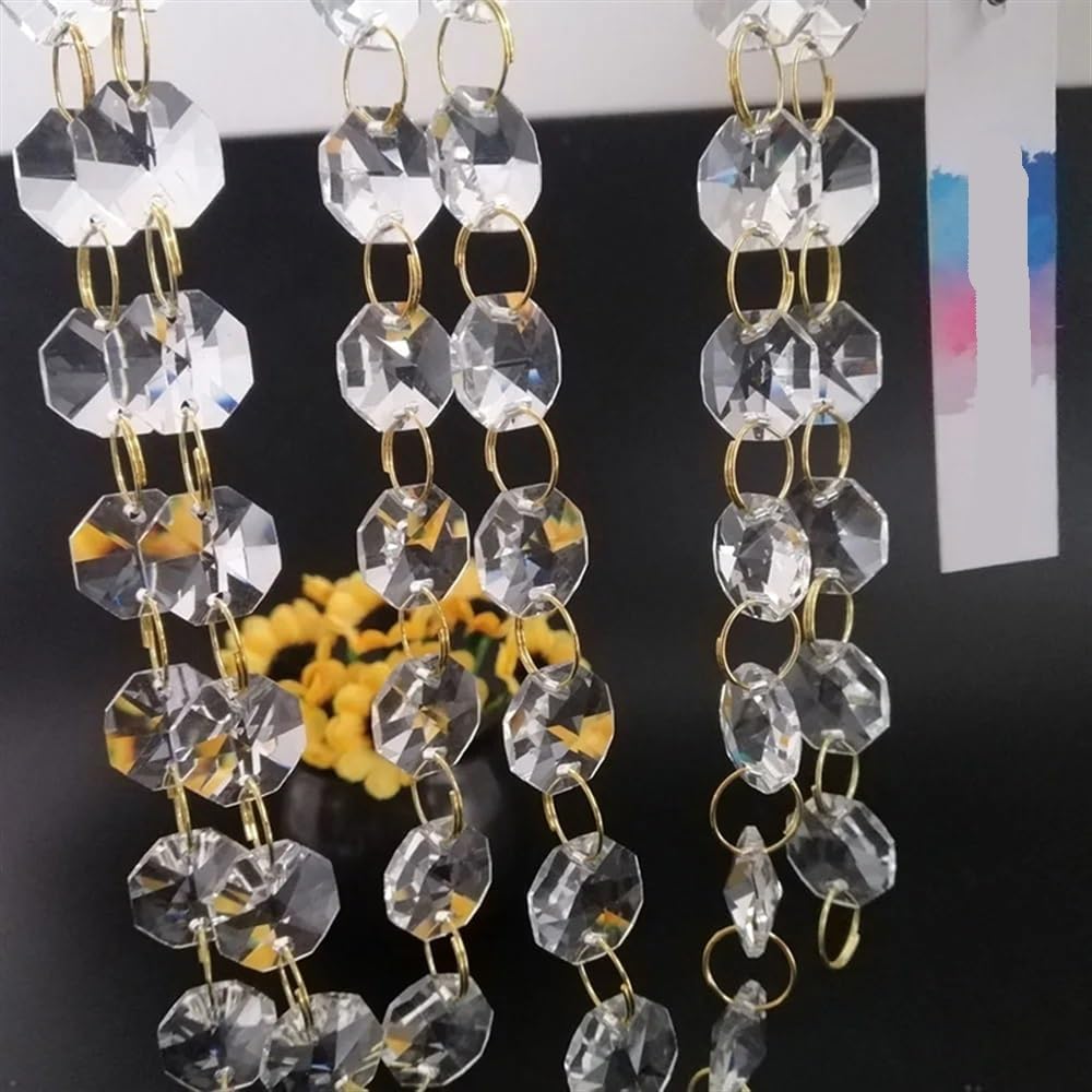 Hanging Crystals Prisms 100cm/3.3ft (Gold Ring) Clear 14mm Crystal Octagonal Beads Chain Garland Chandelier Lamp Part