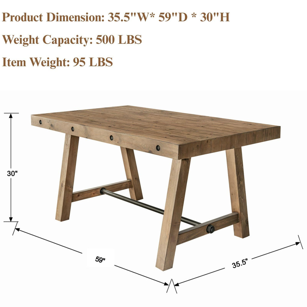 Rustic Dining Table for 4-6 People, 59" Farmhouse Rectangular Kitchen Table, Reclaimed Solid Wood Dining Room Table