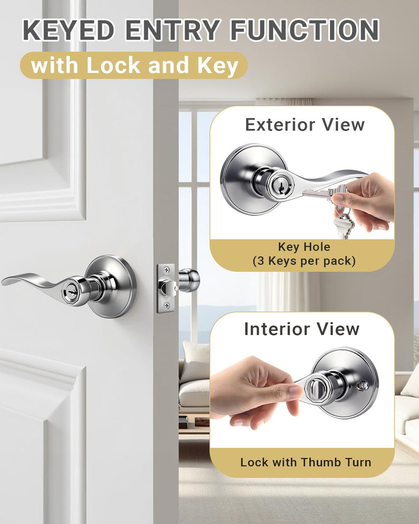 4 Pack Door Handle with Lock and Key, Keyed Alike Polished Chrome Door Knob for Front Entrance/Bedroom, Reversible