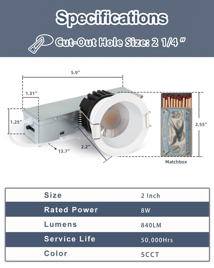 12 Pack 2'' White 5CCT Anti-Glare Canless LED Recessed Downlight