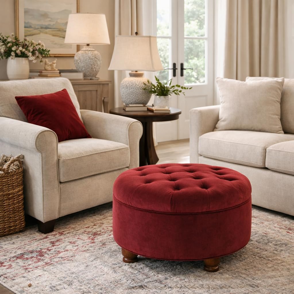 Home Decor |N8264-B119 | Large Button Tufted Velvet Round Storage Ottoman | Ottoman with Storage , Berry