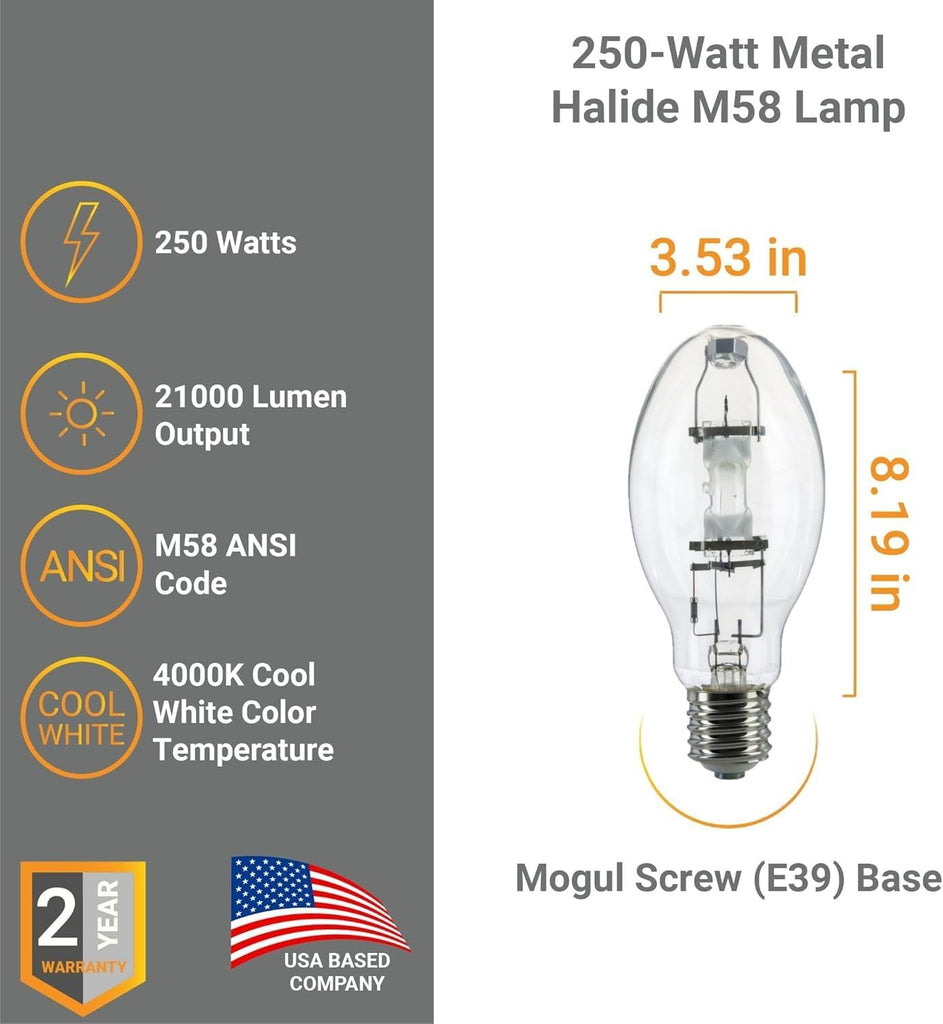 M58 Metal Halide MH250 Lamp 250W E39 Mogul Base 21000 Lumens 4000K Cool White High Intensity Discharge HID Lamps
