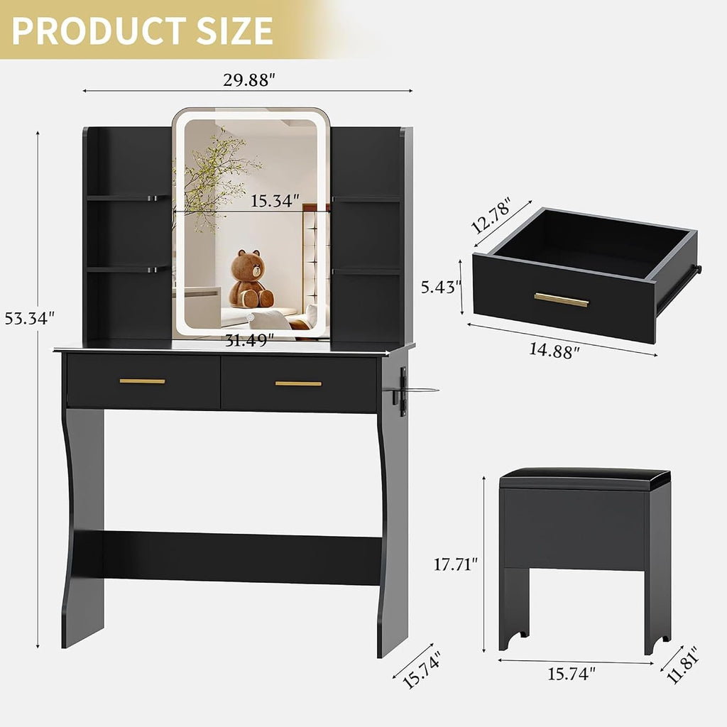 Vanity Desk with LED Lights Mirror & Power Outlet, Small Makeup Vanity Table Set with Storage Drawers & Chair, 3