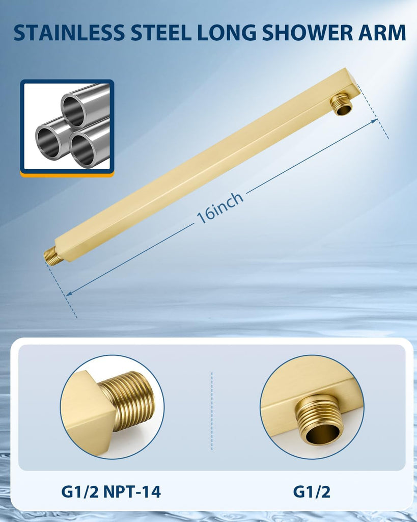 12 Inch Brushed Gold Rain Shower Head with Extension Arm, Rainfall Square Showerhead with 16 Inch Shower Arm All