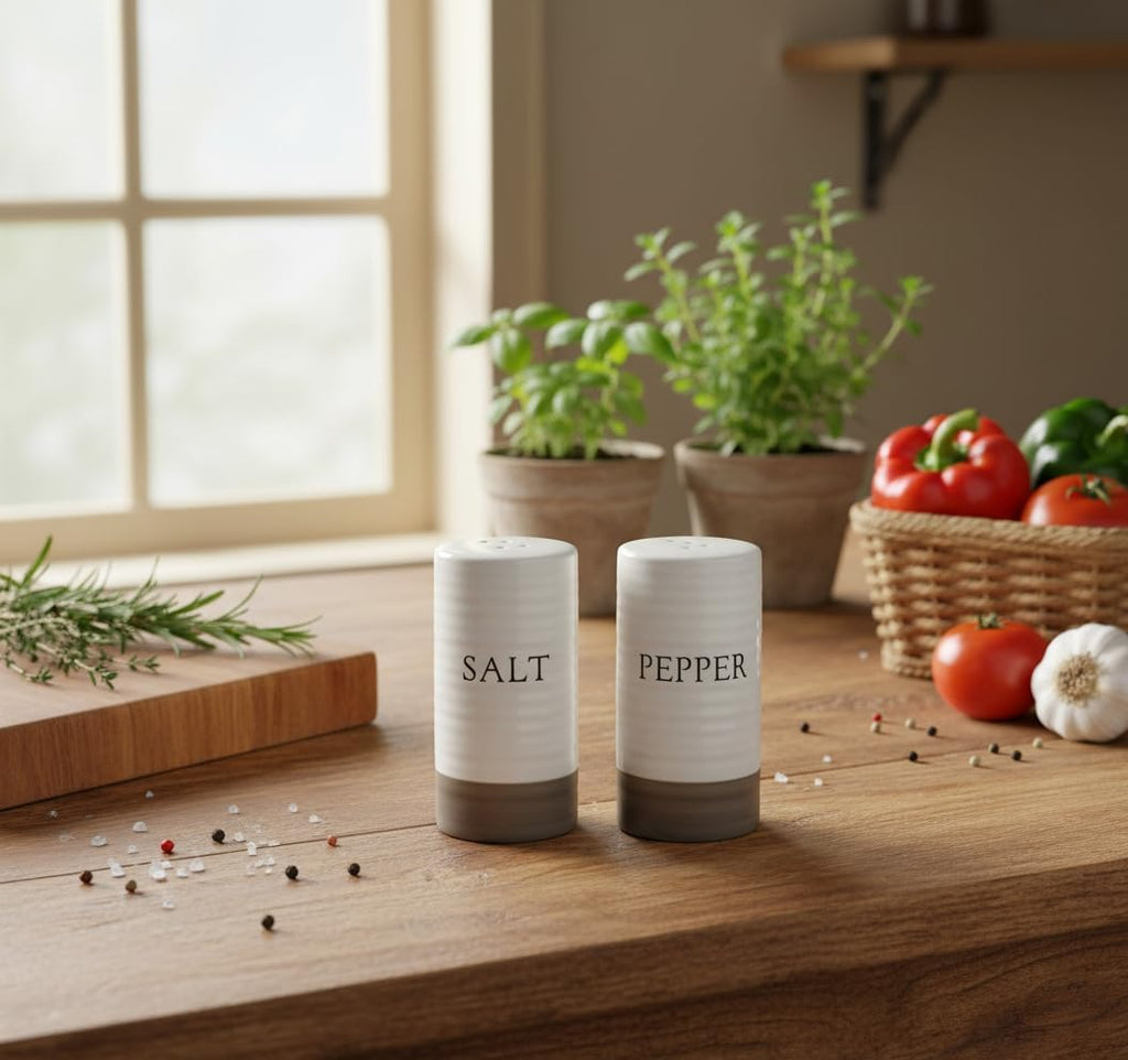 Farmhouse Mini Ceramic Salt and Pepper Shaker Set - Cute Kitchen Table Accessories and Decor, Small 3-Inch Modern - Set of 2