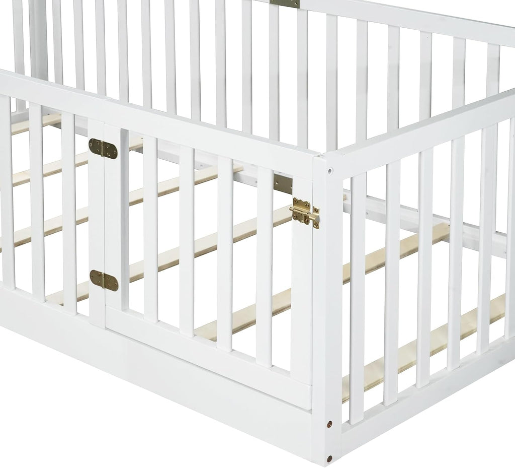 Twin Size Floor Bed with Slats and Door, Twin Size Montessori Floor Bed with High Fence, Low Profile Montessori Beds