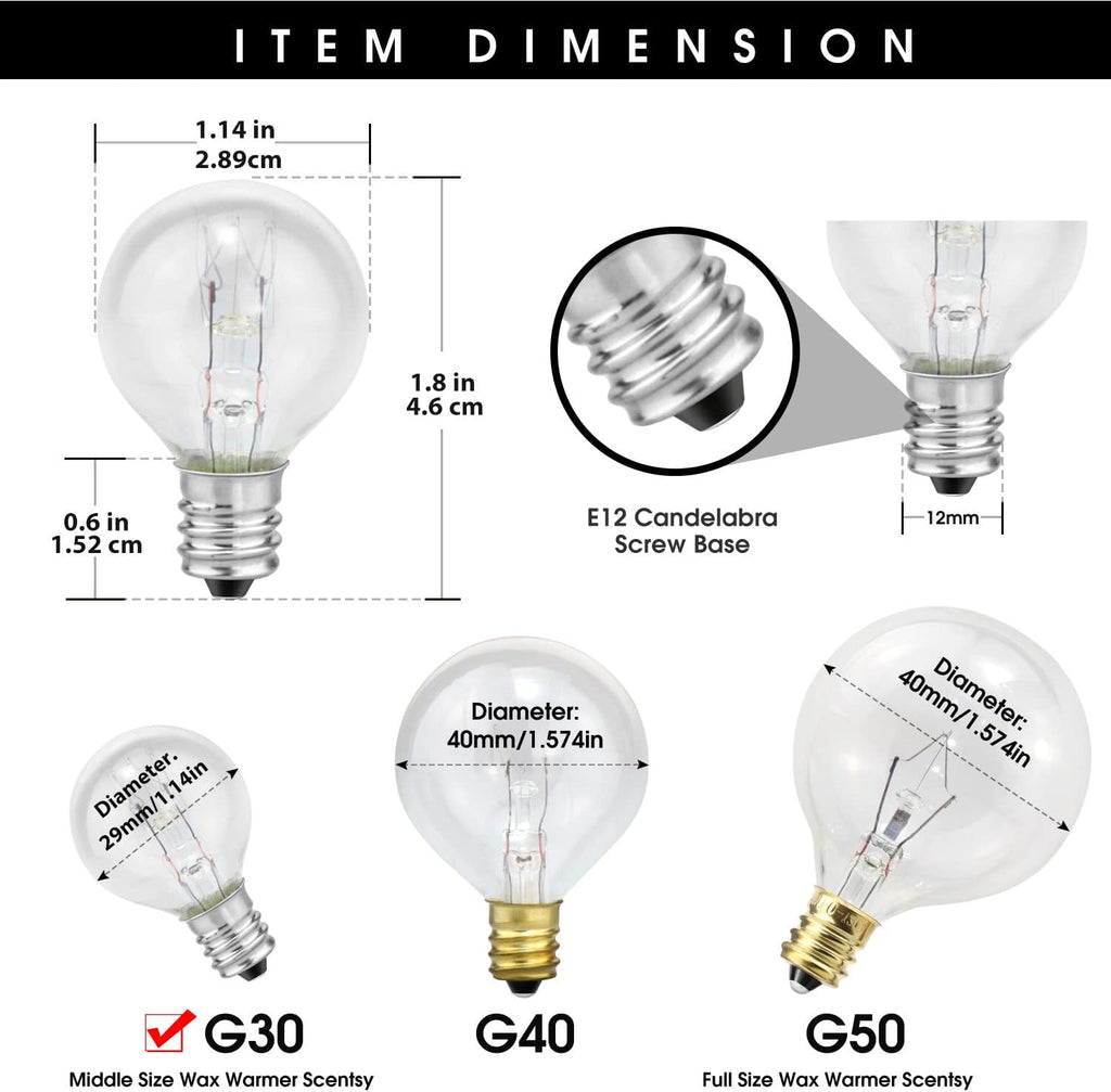 Wax Warmer Bulbs, Custom Fit G30 25 Watt Bulbs for Middle Size Scentsy Warmers, E12 Base Clear Scentsy Light Bulbs