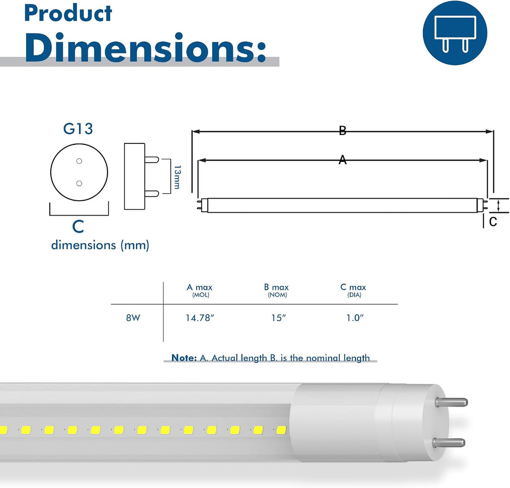 15 in. T8 G13 LED, F14T12, F14T8, Type A Plug & Play, 4100K, Clear