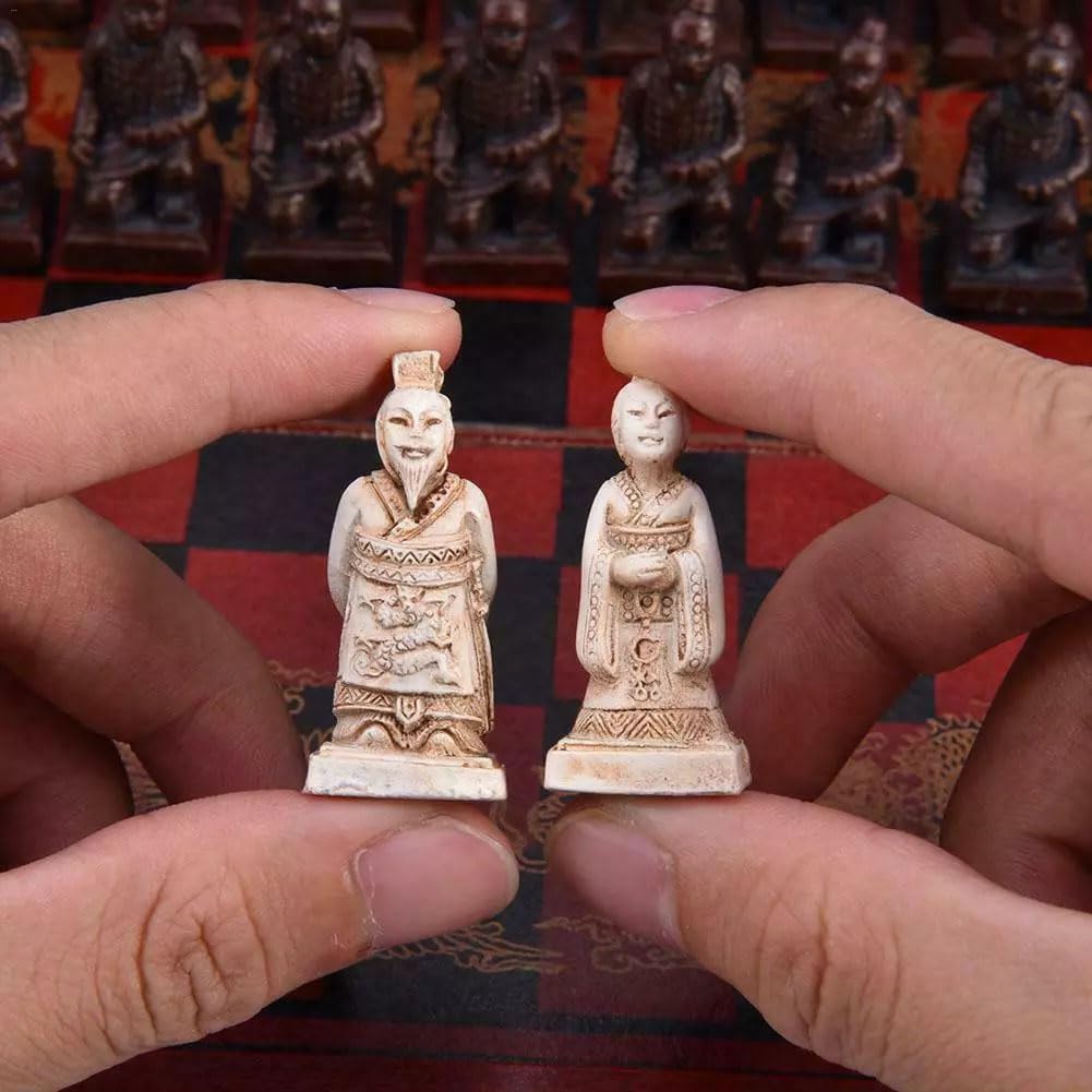 Retro Vintage Chinese Terracotta Warriors Chess Set Board Game Set Gift Friends Family 32 Chess Set Wood Table 3D - Set of 32