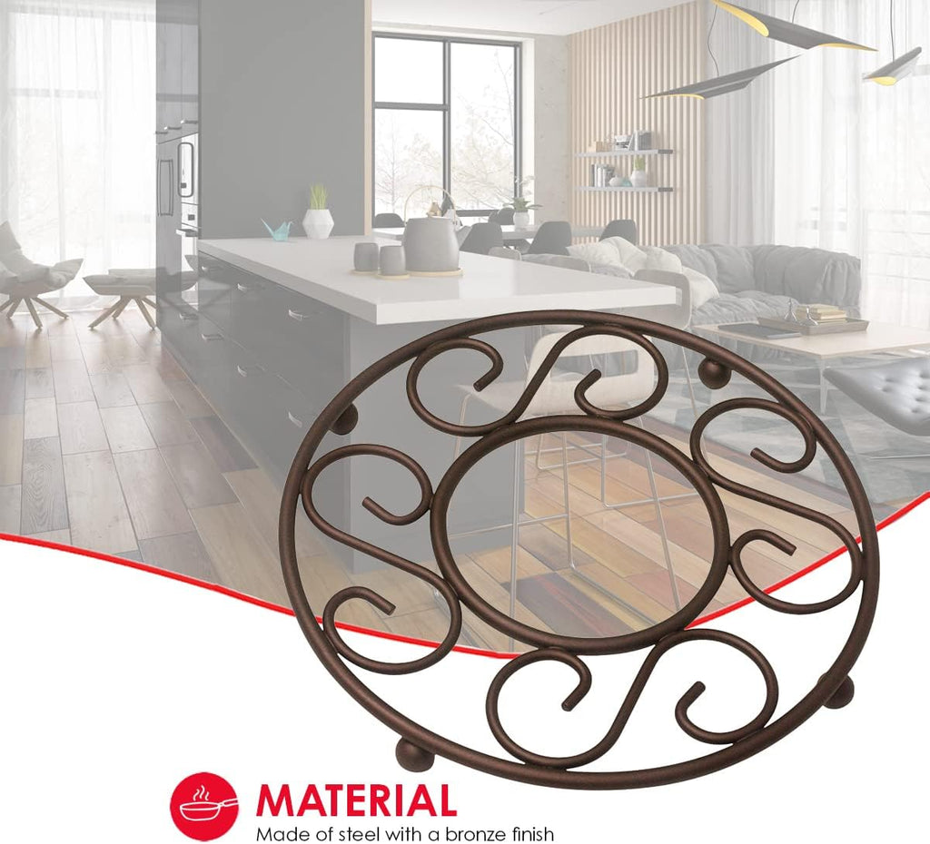 Scroll Collection Steel Trivet for Hot Dishes, Pots And Pans, Round Design & Dinning Table, Bronze