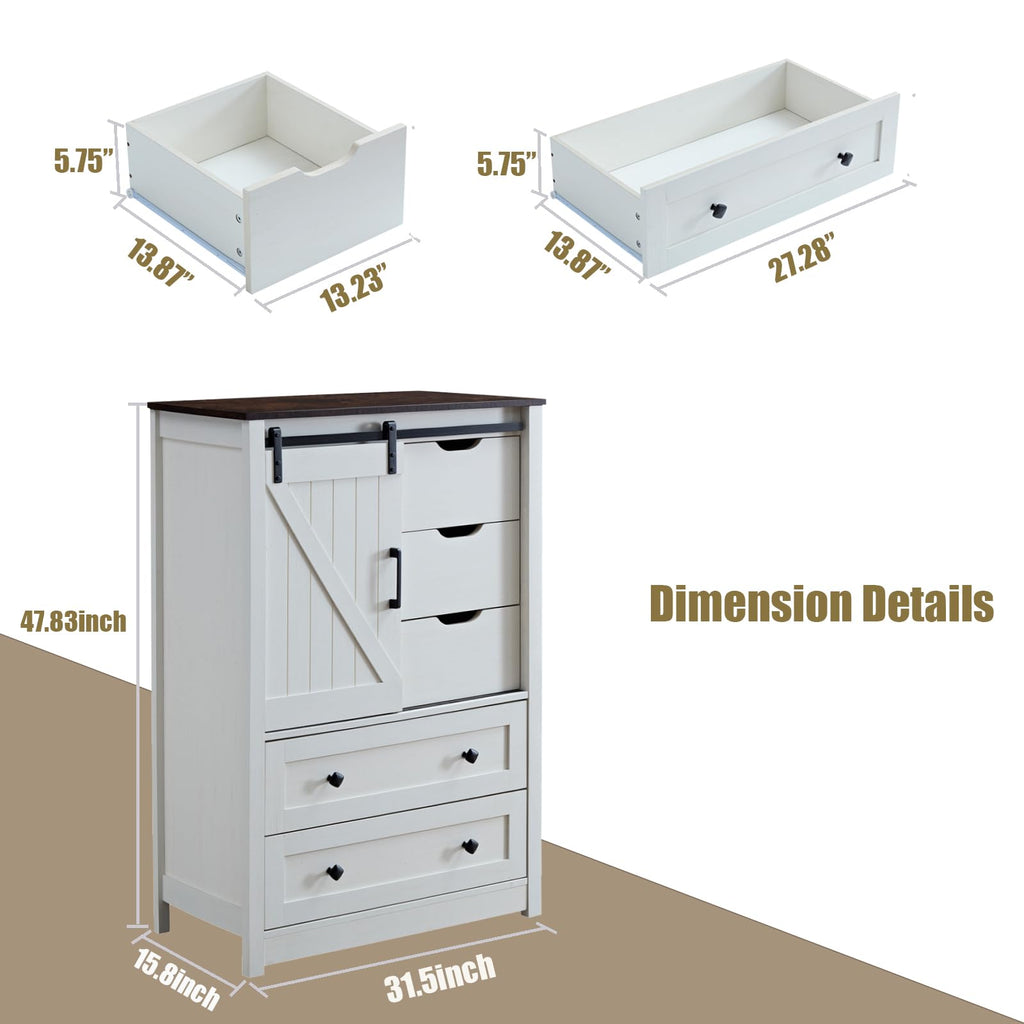 White Dresser with 5 Drawers, 48" Tall w/Sliding Barn Door, Farmhouse 5 Chest of Drawers, Antique White