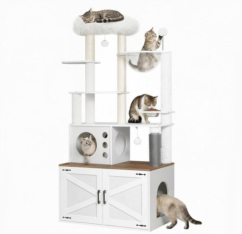 Cat Tree with Litter Box Enclosure, 65.7'' Modern Cat Tower, 2-in-1 Cat Furniture with Cat Condo, Food Station
