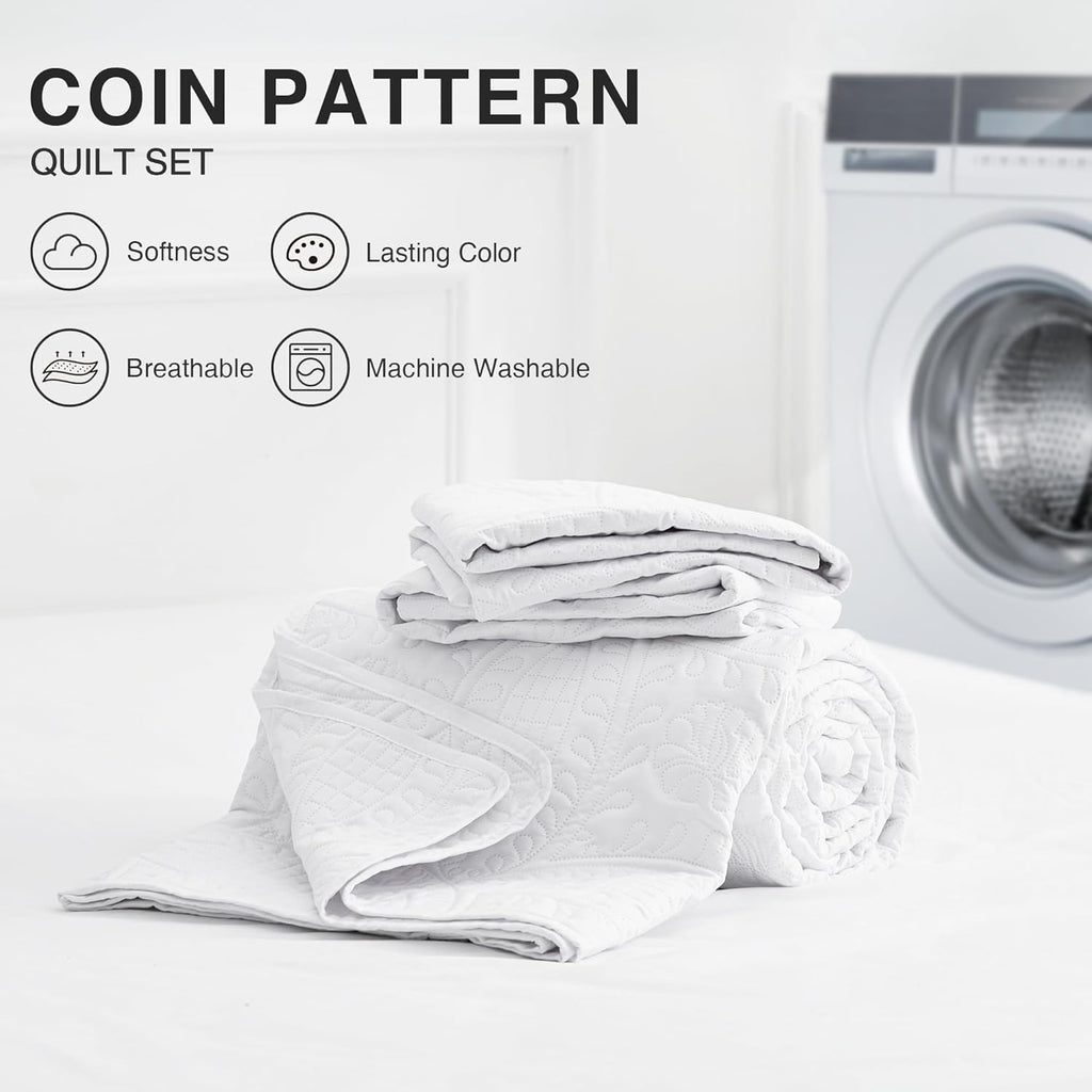 King Quilt Set White Bedspreads - Soft Bed Summer Lightweight Bedspread Comforter - Modern Style Coin Pattern