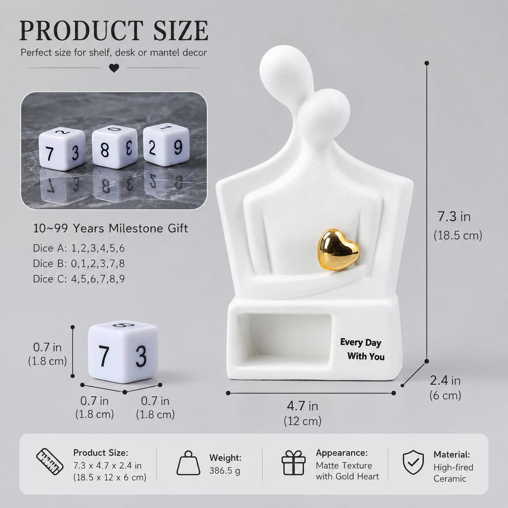 For Couples & Parents, Modern Ceramic Couple Sculpture with Fixed Gold Heart, Abstract Embrace Figurine Displays