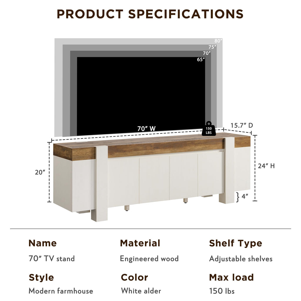 70" Modern Farmhouse TV Stand for TVs up to 80 Inch, Antique White