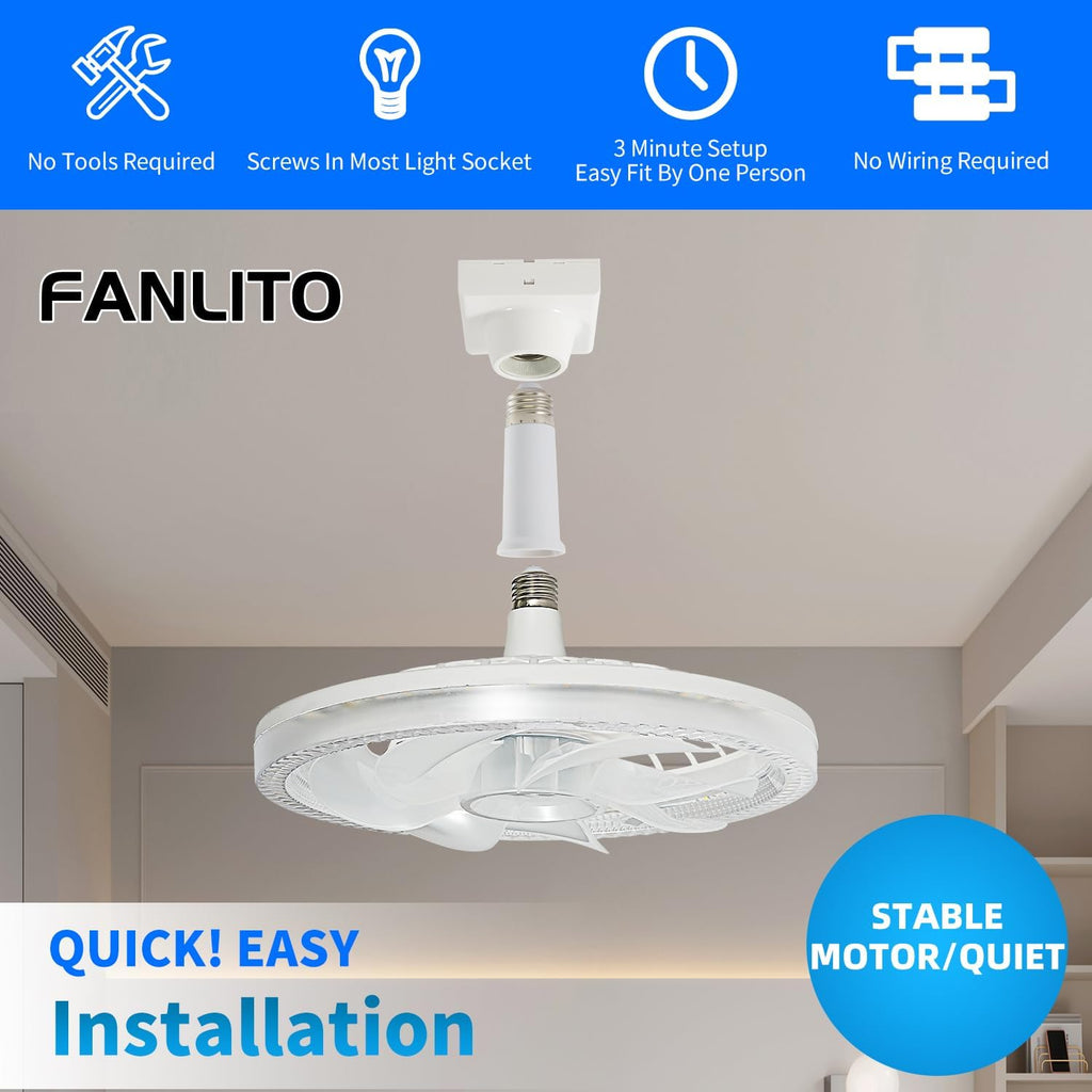 Light Socket Fan with Remote 12”, Screw in Socket Fan Light with Dimmable Brightness and Color Temp, Socket Modern Flush Mount Low Profile Ceiling Fan for Bedroom, Small Living Room, Kitchen A101-B0CZRZYTMV