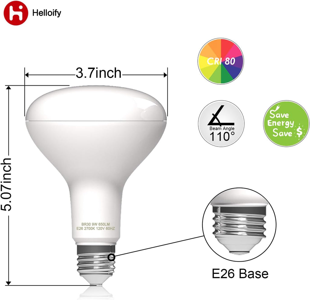 BR30 LED Flood Light Bulb, 9W, 65W Equivalent, 2700K Soft White Light, Energy Saving Lamp for Office/Home, Non