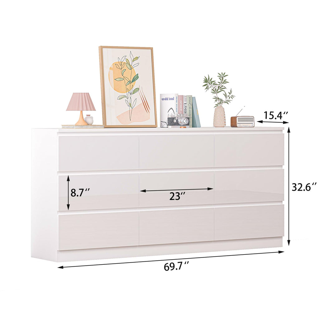 70 INCH 9 Drawers Dresser with Power Outlet, Wide High Gloss Chest of Drawers Large, Modern Storage Drawer Dresser