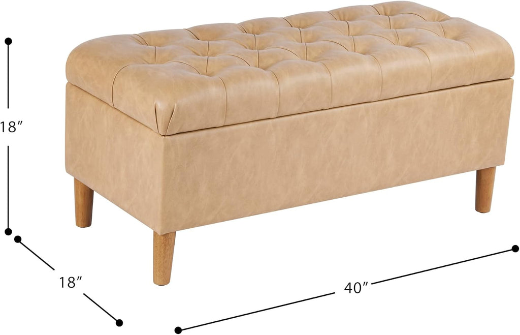 40" Button Tufted Storage Bench with Cone Wood Legs - Sand Faux Leather