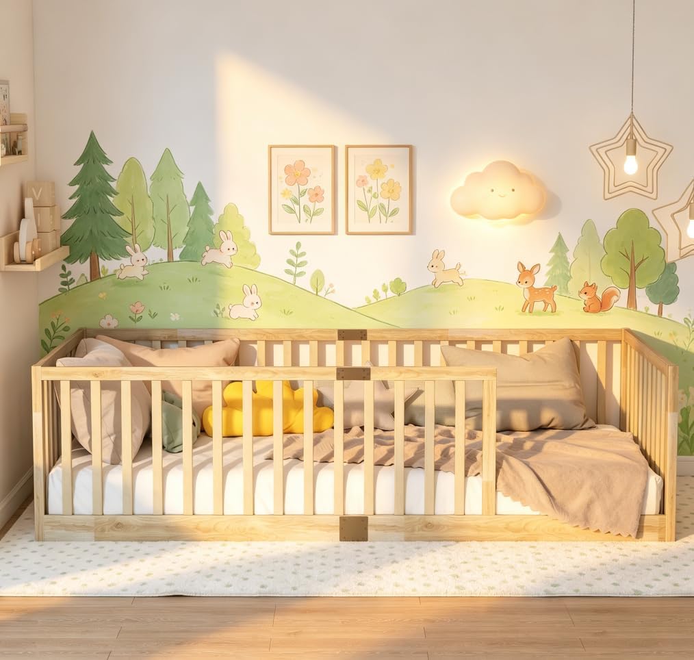 Floor Bed for Kids, Floor Bed with High Fence and Slats, Wooden Montessori Beds for Kids, Natural