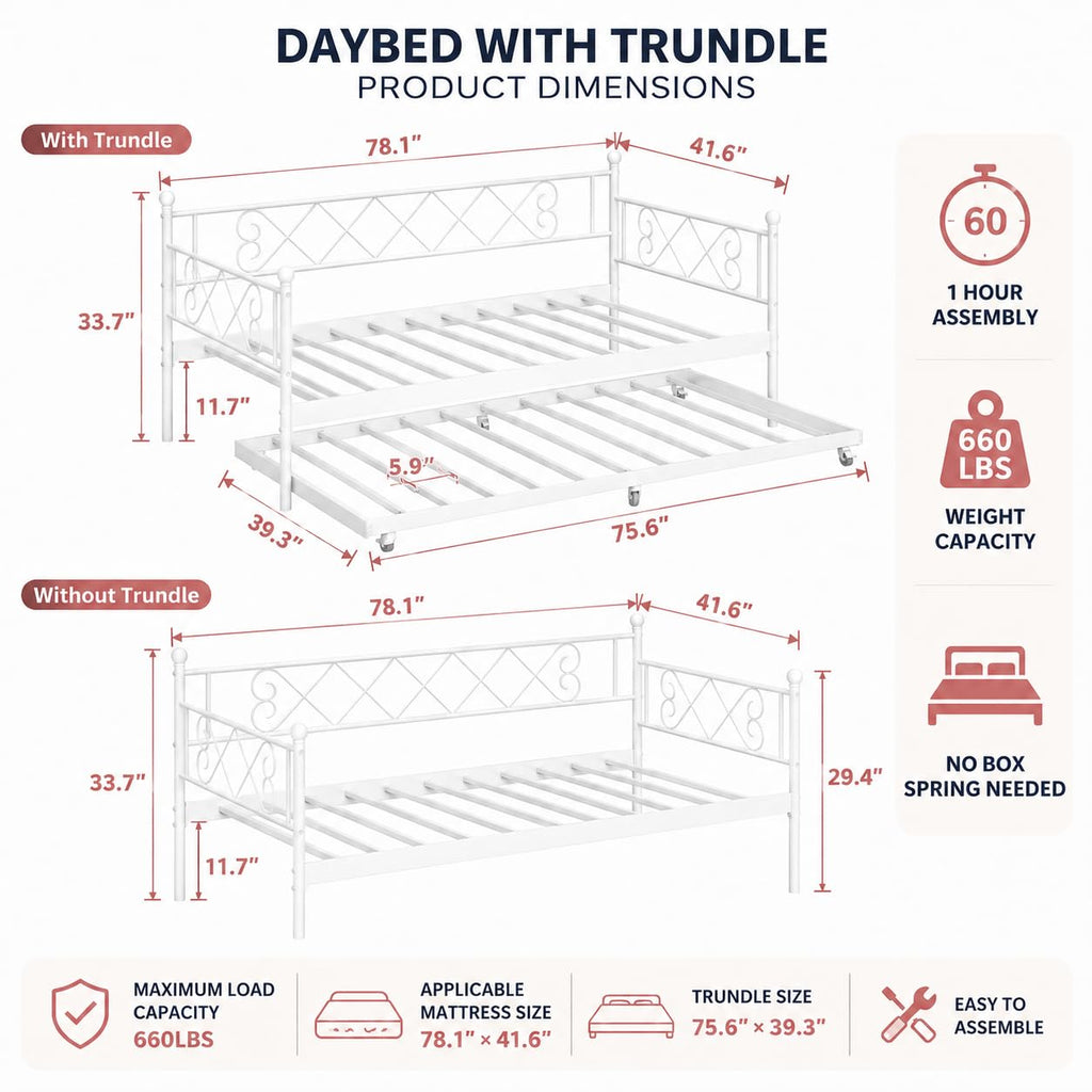 Daybed with Trundle, Trundle Bed Twin with Heart-Shaped Headboard, Sturdy Metal Day Bed with Steel Slat Support, Twin