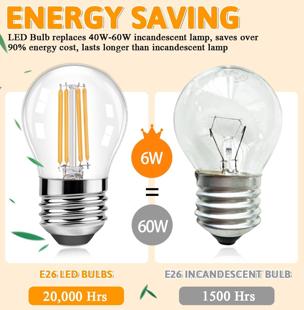 G45 E26 LED Edison Filament Bulbs 6W Equivalent 60 Watt, 2700K Warm White