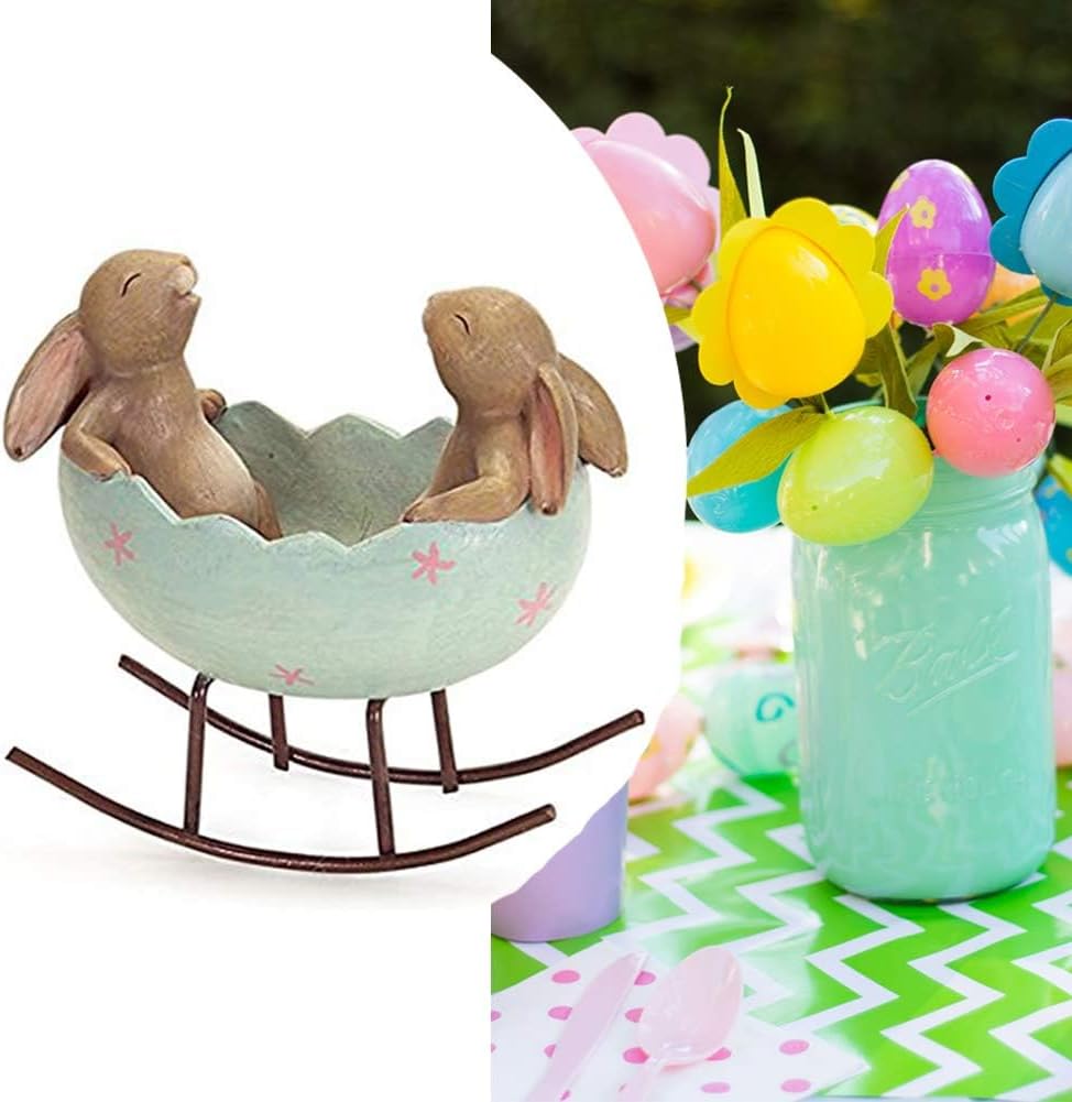Laughing Bunny Rabbits Rocking in an Easter Egg Cradle Spring Easter Decoration Vintage Rustic Country Bunnies Rabbit - Set of 2