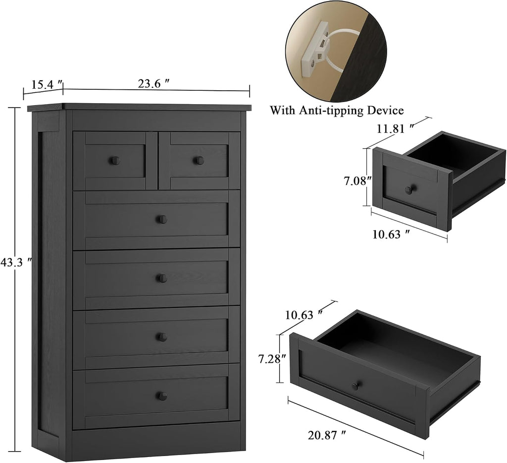 Tall 6 Drawer Dresser, Black Modern 43.3'' Tall Wood Chest of Drawers, Storage Organizer with Smooth Metal Rails &