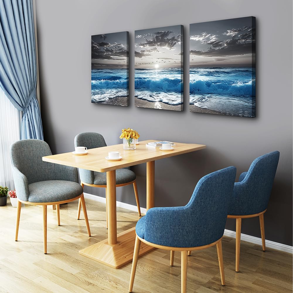 Black And White Beach Pictures Large Wall Decor Canvas Wall Art Modern Office Decorations Blue Sea Wave Ocean