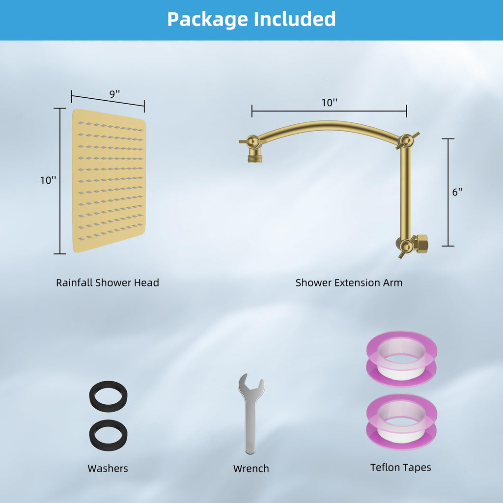 All Metal 10'' Rain Shower Head, 16'' Extension Arm, Brushed Gold