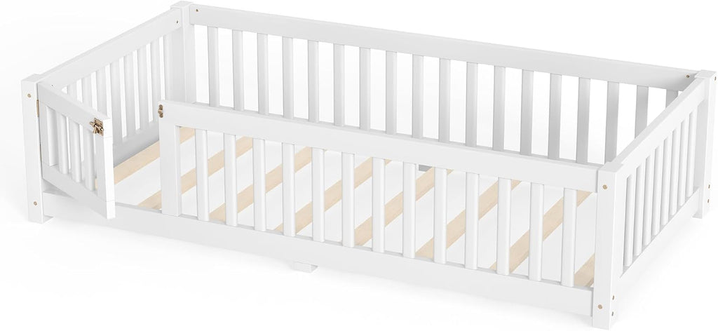 Twin Floor Bed with Slats, Fence and Door, Twin Size Montessori Floor Bed for Kids, Girls, Boys, Easy Assemble