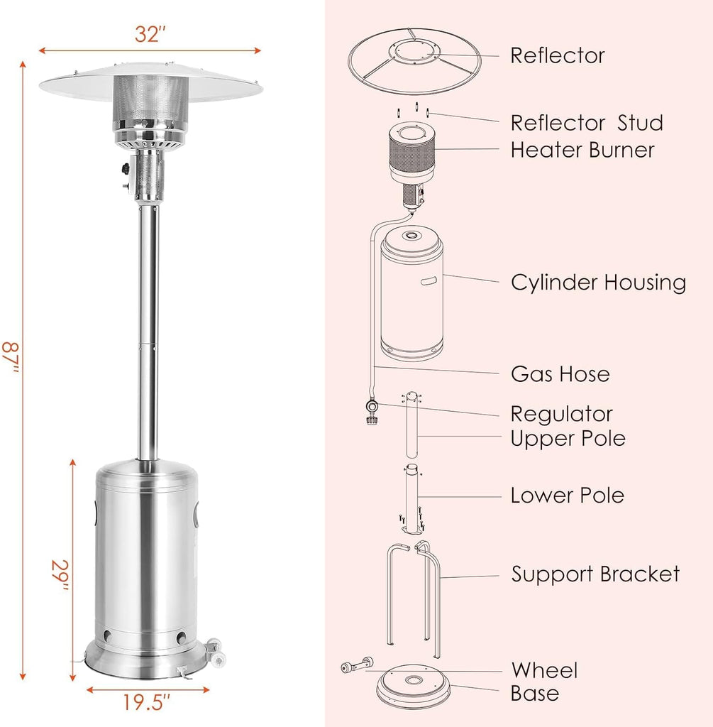 Patio Heater Outdoor, 50000 BTU Gas Patio Heater with Trip-over Protection & CSA Certified, Stainless Steel Outdoor