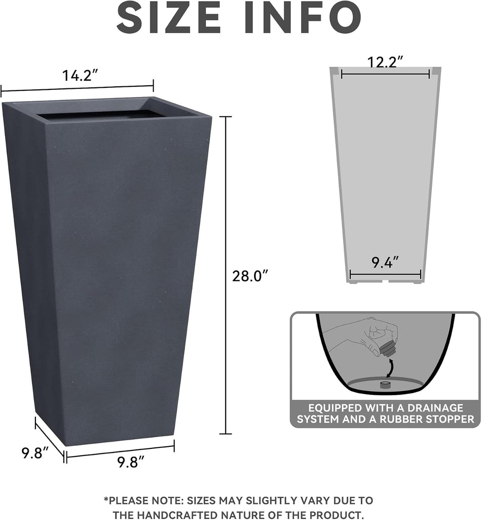 28 Inch Tall Tapered Concrete Planter, Modern Style Large Plant Pot with Drainage Hole and Rubber Plug , Backyard