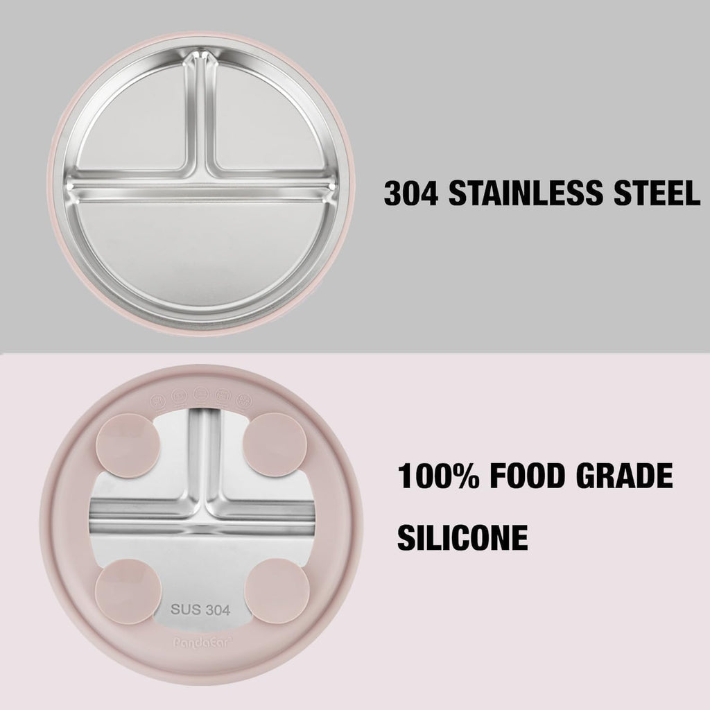 3 Pack Stainless Steel Toddler Plates with Suction, Divided Plates with Removable Silicone Sleeve for Babies &