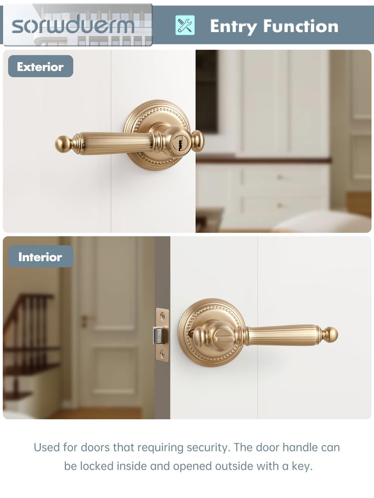 1 Pack Champagne Bronze Door Lever with Lock and Key Entry Door Handle Door Lever Bedroom and Bathroom Zinc Alloy