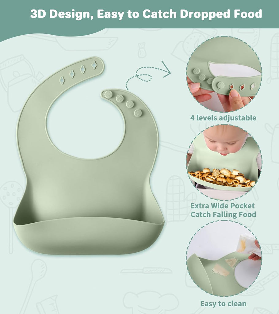Feeding Set, BPA Free Baby Dishes Set with Suction Bowl Divided Plate, Adjustable Bib, Soft Spoons and Forks, Cup
