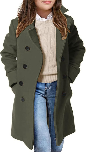 Girls Coat Double Breasted Notched Collar Wool Blend Long Trench Coat Winter Warm Peacoat Dress Coat with Pockets