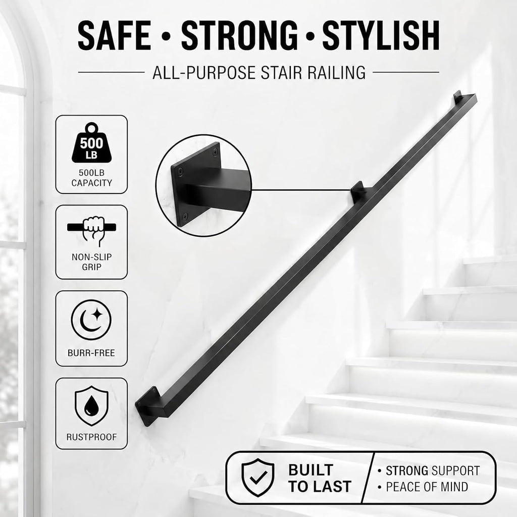 15FT Stair Railing Indoor Outdoor, 500LB Heavy-Duty Wall Mounted Handrail