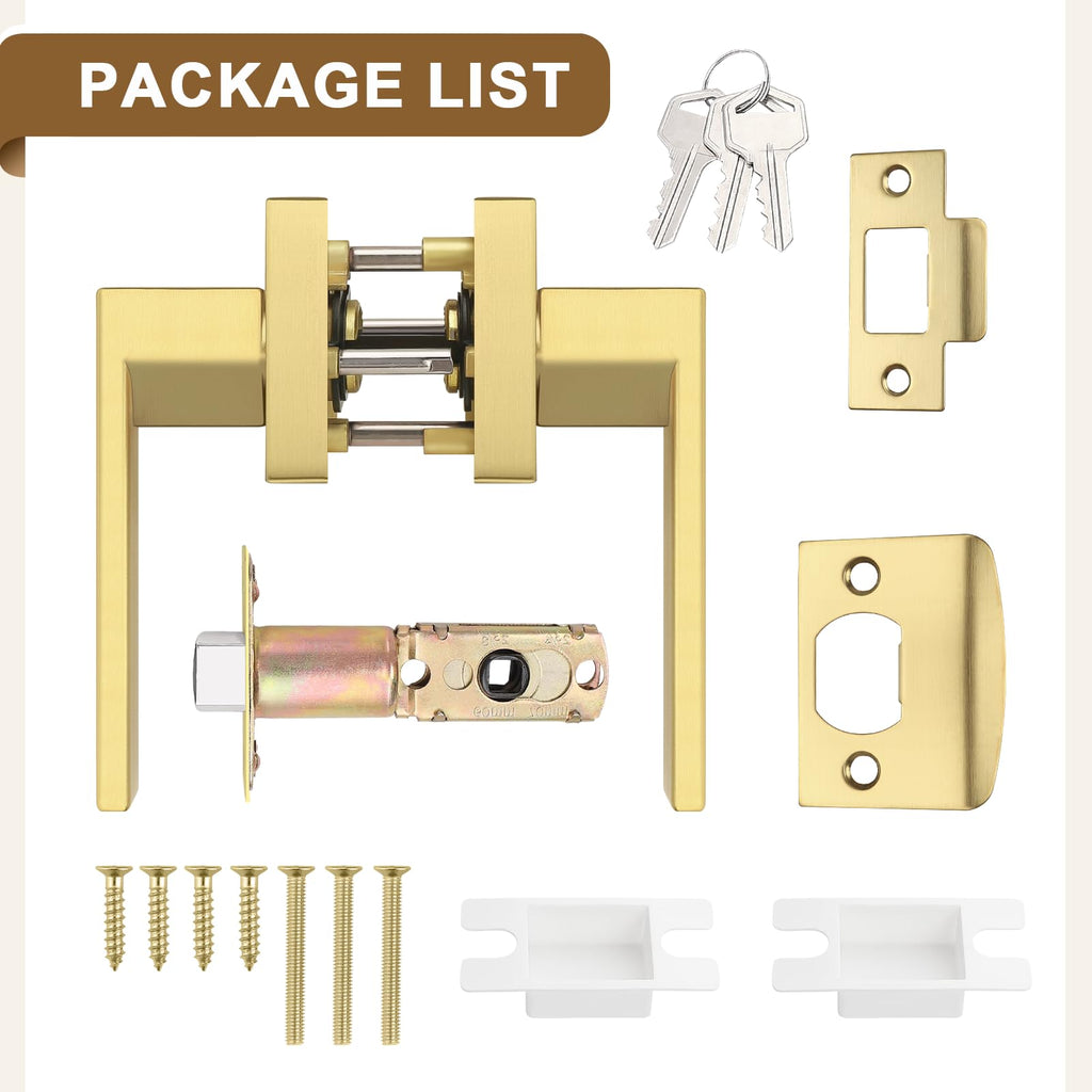 2 Pack Heavy Duty Gold Passage Door Handle,Square Satin Brass Door Lever and Closet, Keyless Reversible No-Locking