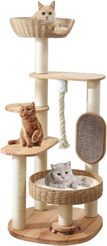 49.6in Solid Wood Cat Tree for Large Cat, Modern Tall Cat Tower