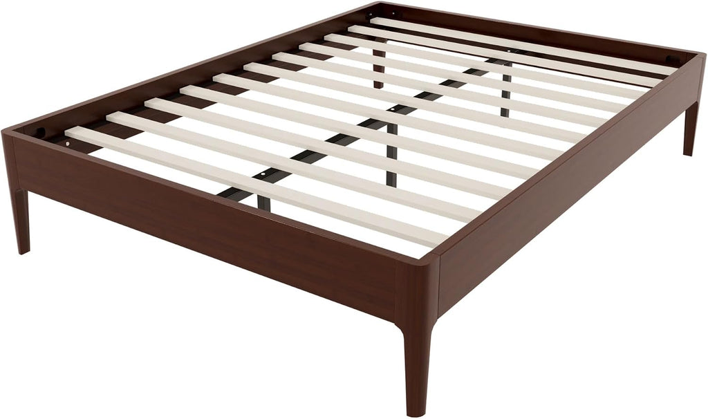 Full Size Japanese Wooden Bed Frame, Mid-Century Chocolate Wood Low Platform Bed, 9 inch Low Under Bed Storage